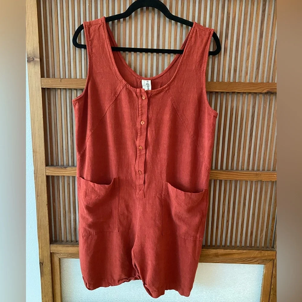 Eve Gravel Linen Shorts Romper in Clay - Picture 4 of 14